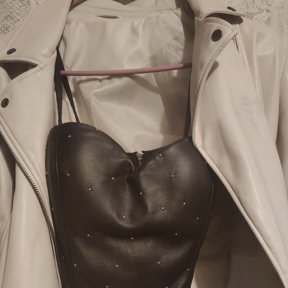 Cream colored Faux leather jacket, black heart shaped faux leather studded top